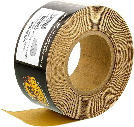 Dura-Gold Premium Gold 180 Grit PSA Longboard Sandpaper, 20 Yard Roll, 2-3/4" Wide, Self Adhesive Stickyback, Woodworking & Automotive Sandpaper Roll, Air File Sand Paper, Auto Sanding Blocks