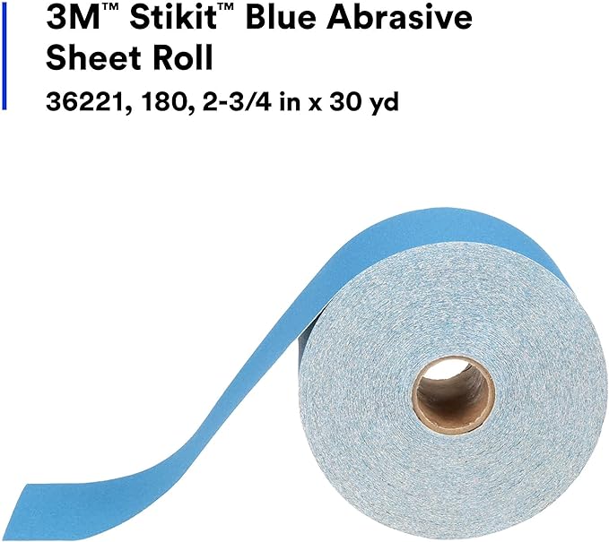 3M Stikit Blue Abrasive Sheet Roll, 36221, No Hole, 2-3/4 in x 30 yd, 180+ Grade, Automotive Sanding Roll Sandpaper for Coating Removal, Body Repair, Auto Sanding