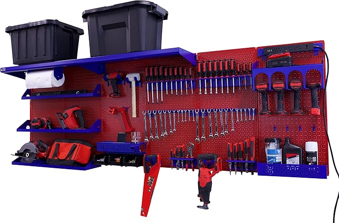 OmniWall Weekend Warrior Ultimate Tool Kit-96" x 32" Metal Pegboard Wall Storage System Red/Blue