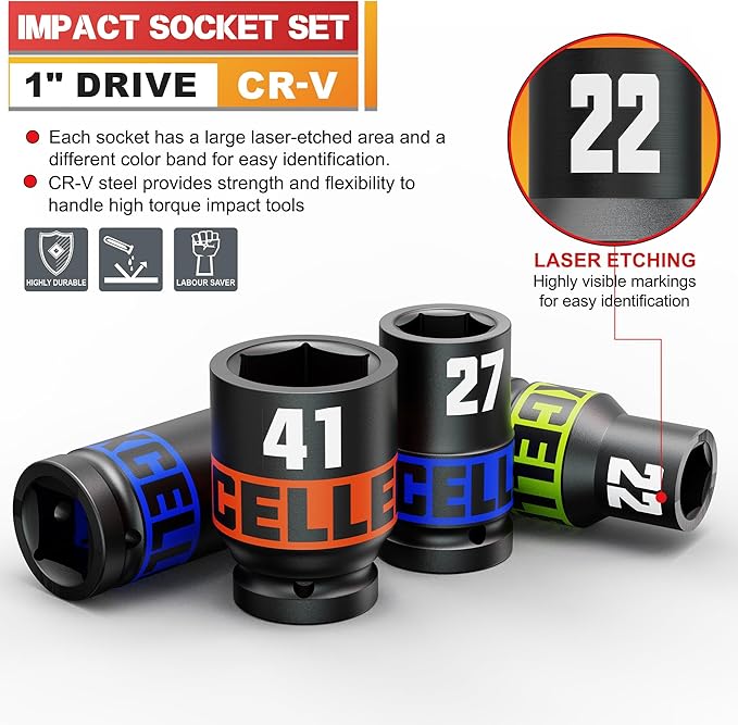 10 Piece 1-Inch Drive Impact Socket Set, 21-41mm Jumbo Sockets, Metric Alxe Nut Sockets for Automotive Repair, Equipment Maintenance
