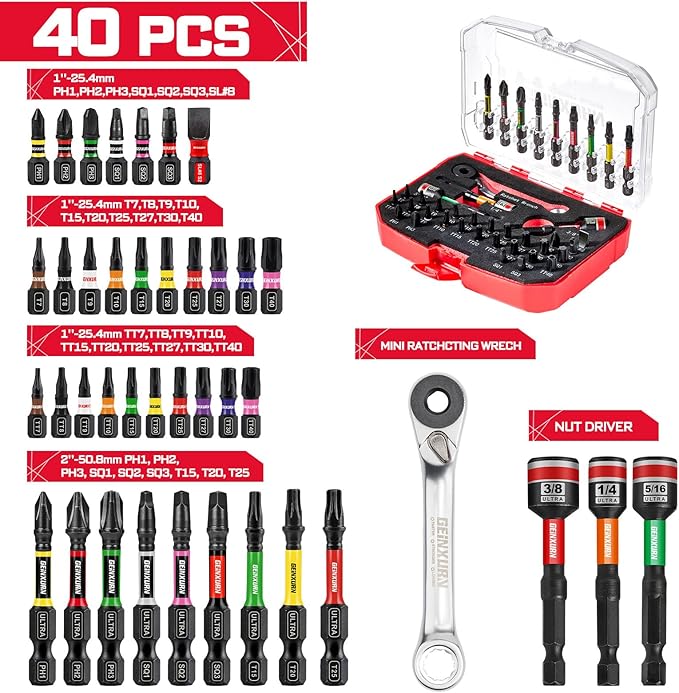 40 Pieces Tool Kit with Matching Storage Box, Include 1??2??S2 Steel Magnetic Screwdriver Bits (Phillips/Square/Slotted/Torx), Nut Driver and Mini Ratchet Wrech for Home Repairs