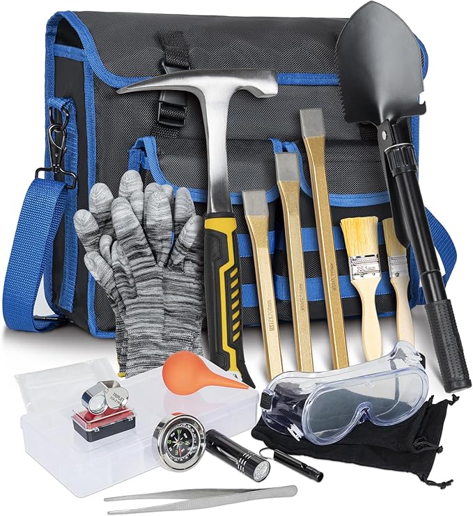 40PCS Geology Rock Pick Hammer Kit, Gold Mining & Prospecting Equipment Tool, Hammer, 3 PCS Digging Chisels Set, Shovel, Wooden Chisel, Magnifying Glass, Whistle, Goggles, flocked bags, compass