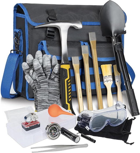40PCS Geology Rock Pick Hammer Kit, Gold Mining & Prospecting Equipment Tool, Hammer, 3 PCS Digging Chisels Set, Shovel, Wooden Chisel, Magnifying Glass, Whistle, Goggles, flocked bags, compass