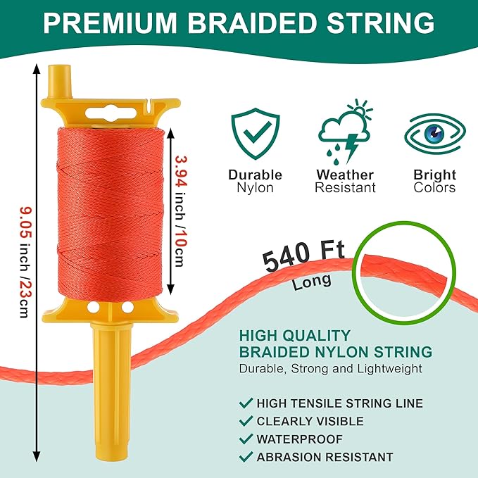 2 Pack Mason String Line Reel for Construction, Twisted 540 FT #18 Braided Nylon String with 10 Mason Line Level, High Visibility Braided Nylon Twine for Masonry Tools, Gardening, DIY(Orange)
