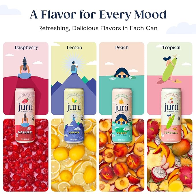 Juni Sparkling Adaptogen Drink with Ashwagandha, Lion?셲 Mane & Reishi Mushrooms | Green Tea for Focus, Zero Sugar, 5 Calories, Organic | Non Alcoholic Drinks - Tropical 12 pack