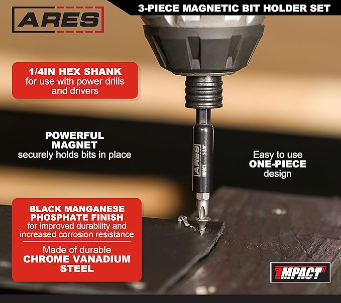 ARES 22030 ??3-Piece Magnetic Bit Holder Set ??1/4-Inch Hex Shank for Use with Power Drills and Drivers ??Magnet Securely Holds Bits in Place ??Includes 2.5-Inch, 4-Inch, and 6-Inch Lengths