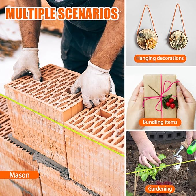 3 Reels of 18 Braided Mason Line String with Handle, Total 150 Ft Nylon Twine, Masonry Construction String for Alignment, Precision Leveling Work, DIY & Gardening (Orange, Pink, and Green)
