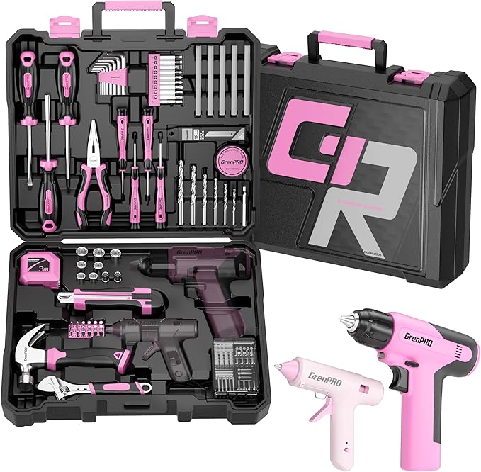 GRENPRO Pink Tool Set Drill Set, 188PCS Tool Kit For Home with Pink Cordless Drill Power, Hand Tool Kit for Women, Basic Household Auto Car Repair Tool Box for Men, Portable Storage Box Tools Sets