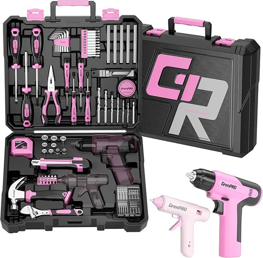 GRENPRO Pink Tool Set Drill Set, 188PCS Tool Kit For Home with Pink Cordless Drill Power, Hand Tool Kit for Women, Basic Household Auto Car Repair Tool Box for Men, Portable Storage Box Tools Sets