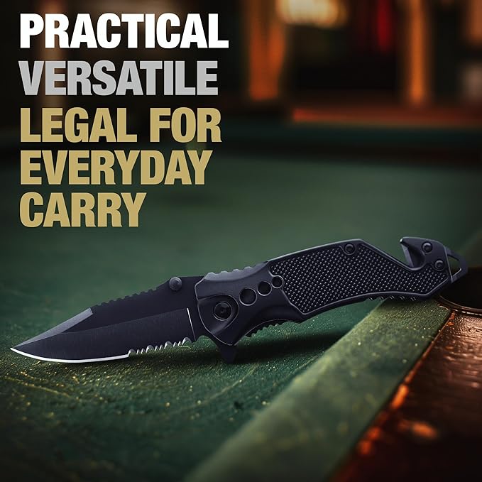GOOD WORKER Legal Pocket Knife with 2.95??Serrated Blade, Glass Breaker, Seat Belt Cutter - EDC Sharp Folding Knives with Portable Clip - Small Tool for Tactical Camping Survival Hiking - Gifts for Men, Women