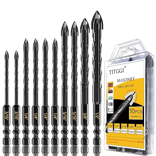 Masonry Drill Bit Set - Cement Drill Bit, Professional Concrete Drill Bit Set (10PCS) for Glass/Brick/Cement/Tile/Etc, Industrial Strength Carbide Cross Drill Bit Tip, 3/16"-1/2" by TITGGI