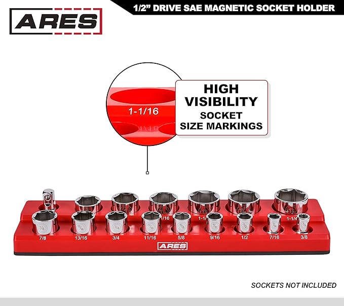 ARES 70236-16-Piece 1/2-Inch SAE Magnetic Socket Organizer - Holds 15 Sockets and 1 Socket Adapter - Keeps Your Tool Box Organized