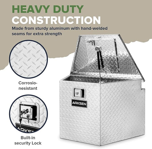 ARKSEN 29 Inch Aluminum Diamond Plate Tongue Box Tool Chest, Waterproof Under Truck Storage for Pick Up Truck Bed, RV Trailer, ATV with Lock and Keys - Silver