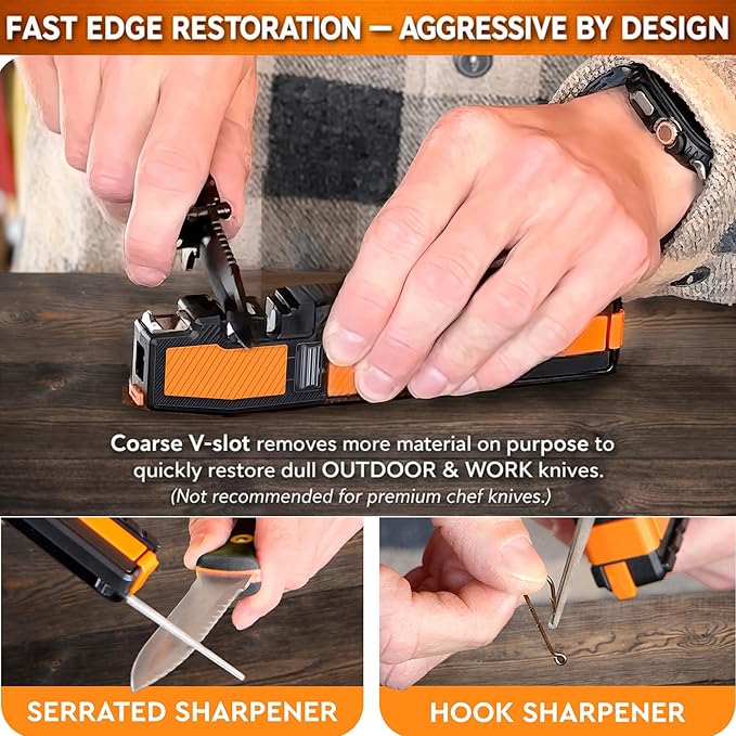 Orange Ninja Pocket Knife Sharpener with Guided Diamond Whetstones ??8-in-1 Tool Sharpener for EDC, Outdoor, Hunting & Camping Knives - Includes Diamond Rod, Leather Strop & Fire Starter