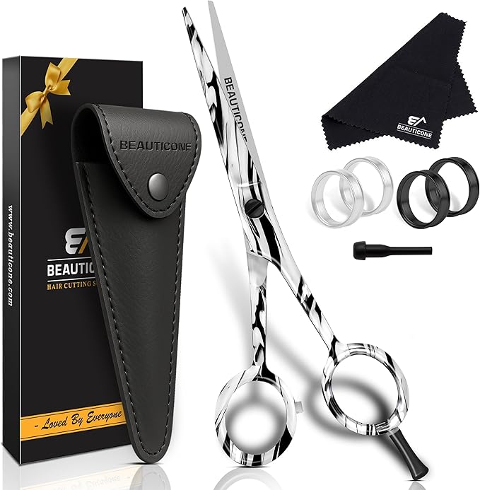 BEAUTICONE 짰 Hair Cutting Scissors - High Carbon SS 6.5" Professional Barber-Grade Salon Shears with Serrated & Razor Edge - Black Premium Gift Box with Leather Pouch & Extra Accs - Ultra Lightweight