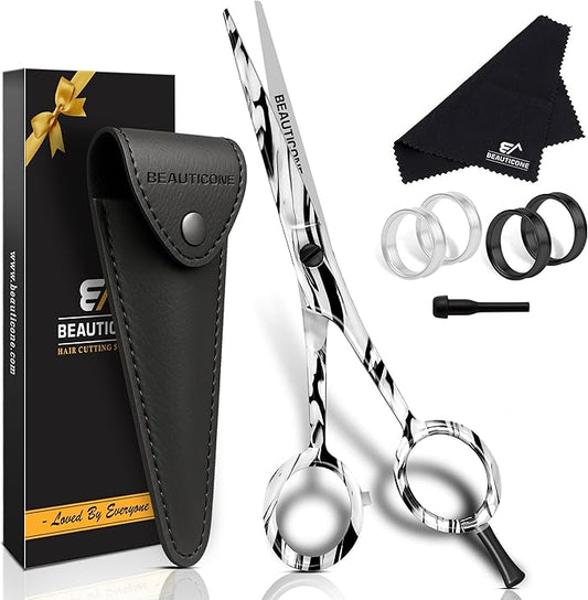 BEAUTICONE 짰 Hair Cutting Scissors - High Carbon SS 6.5" Professional Barber-Grade Salon Shears with Serrated & Razor Edge - Black Premium Gift Box with Leather Pouch & Extra Accs - Ultra Lightweight