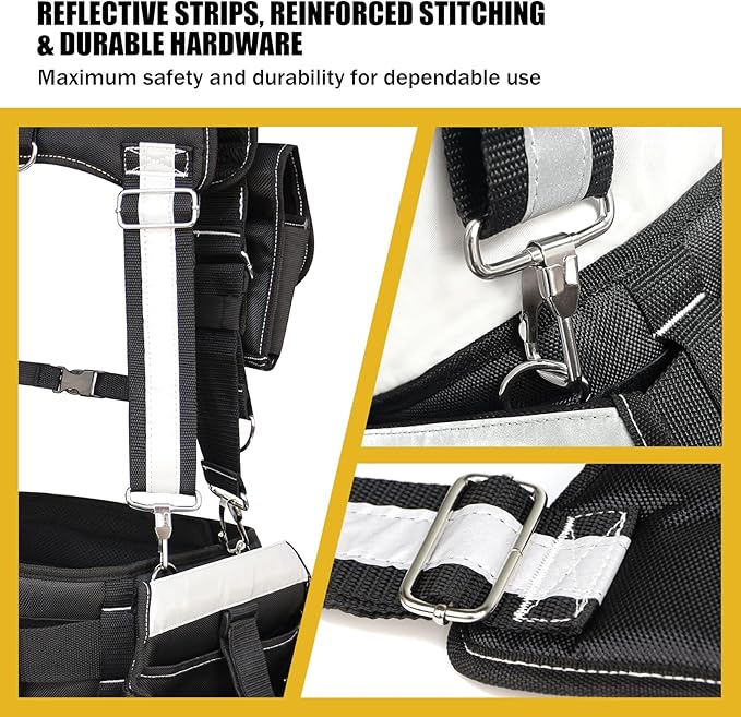 Tool Belt with Suspenders for Men, Heavy Duty Construction Tool Belt with 32 Pockets, 1680D Ballistic Material, Reflective Strips for Safety, HVAC Toolbelt for Men
