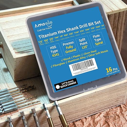 amoolo Hex Shank Drill Bit Set (13Pcs Set+3 Pcs Free), Premium 4341 HSS Titanium Impact Hex Drill Bits for Wood, Steel, Metal, Plastic, Quick Change Design (1/16 -1/4 )