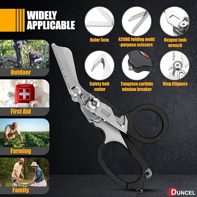 Pro 6-in-1 Multifunctional Trauma Shears Foldable - Stainless Steel Medical Scissors for Nurses - Raptor Trauma Shears with Glass Breaker - Surgical EMT Scissors for Nursing Students & Doctors