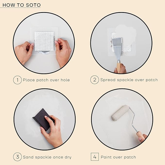 soto Large Hole Repair (Up to 4"), Beige Spackle, 7-Piece Kit (No. 09 Rough Sketch) - High Strength Hole Repair Kit for use on: Walls, Drywall, Ceiling, Furniture, Cabinets