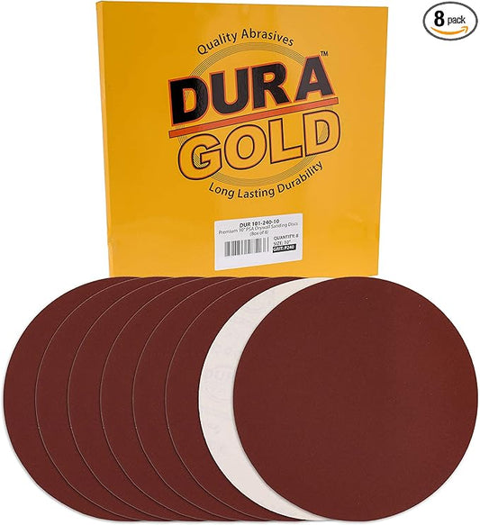 Dura-Gold Premium 10" Sanding Discs - 240 Grit (Box of 8) - Sandpaper Discs with PSA Self Adhesive Stickyback, Fast Cutting Aluminum Oxide Abrasive - Drywall, Floor, Woodworking, Automotive, Sander