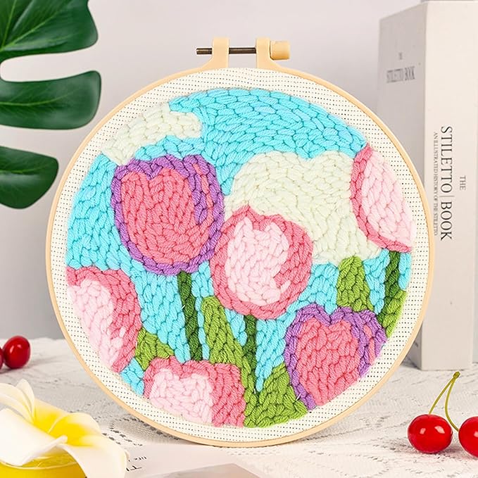 Woohome Punch Needle Kit Included Plastic Hoops, Punch Needle Cloth, Color Yarn and Punch Needle Tools for Adults, Beginners (White, Pink and Purple Flowers)