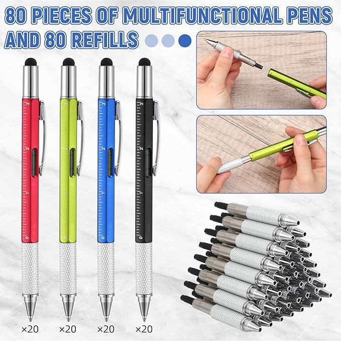 Yeaqee 80 Pcs Stocking Stuffers Bulk Gifts for Men 6 in 1 Party Favor Father's Christmas White Elephant Gifts Multi Tool Pens with Ruler, Level Gauge for Adult (Vivid Color)
