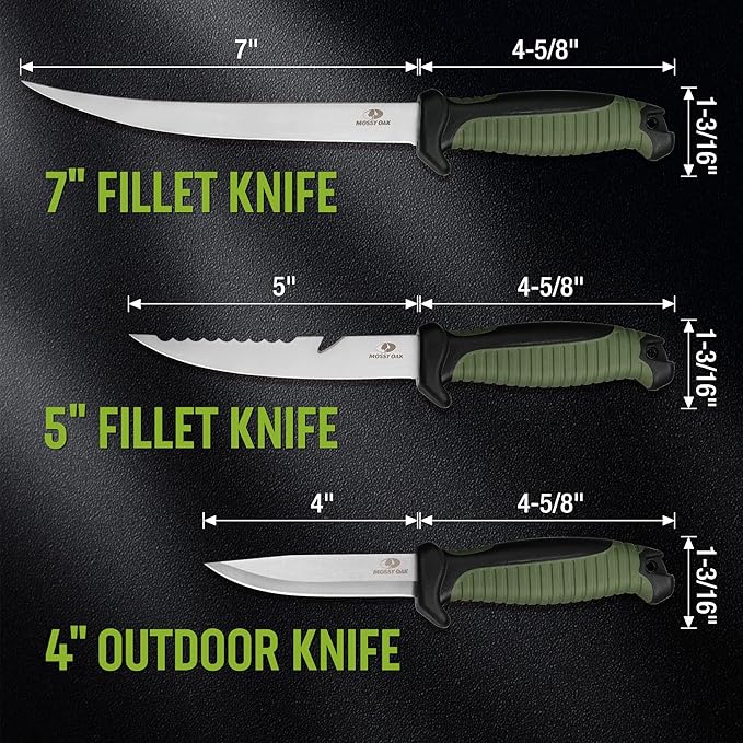 Mossy Oak 3-Piece Fishing Fillet Knife Set with Protective Sheath, Stainless Steel Filet Knives with Non-Slip Handle, Bait Knife for Filleting and Boning (Military Green)