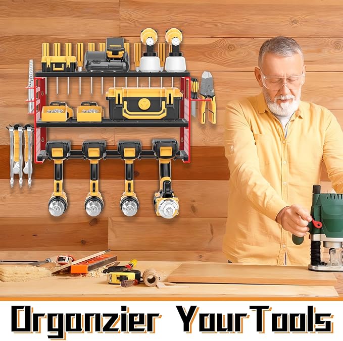 Power Tool Organizer Wall Mount, Heavy Duty 150Lbs Load Capacity with 4 Drill Holders,3 Layer Utility Shelf for Garage Storage and Workshop Organization(Red)