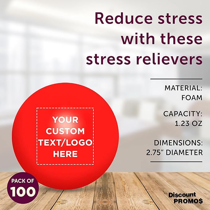 Custom Stress Balls for Adults, 100 Pack, Personalized Text, Logo, Hand Exercise, Perfect for Your Desk, Office, or Home, Red
