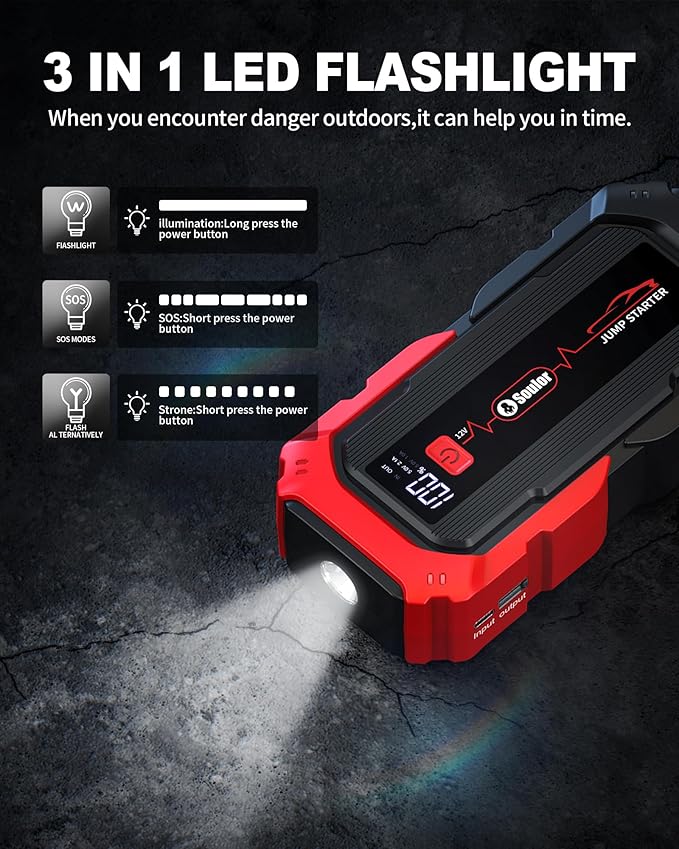 Jump Starter Battery Jumper Starter Portable Car Battery Jump Starter for Up tp All Gas & 12L Diesel, 12V 5000A Portable Jump Box with 3 Modes Flashlight and Jumper Cable