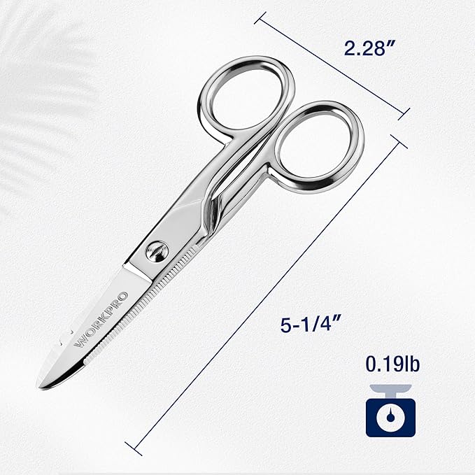 WORKPRO Electrician Scissors, 5-1/5 Inch Heavy Duty Scissors, Nickel-Plated Stainless Steel Snips with 19&23 Stripping Notches for Telecom and Electrical Work