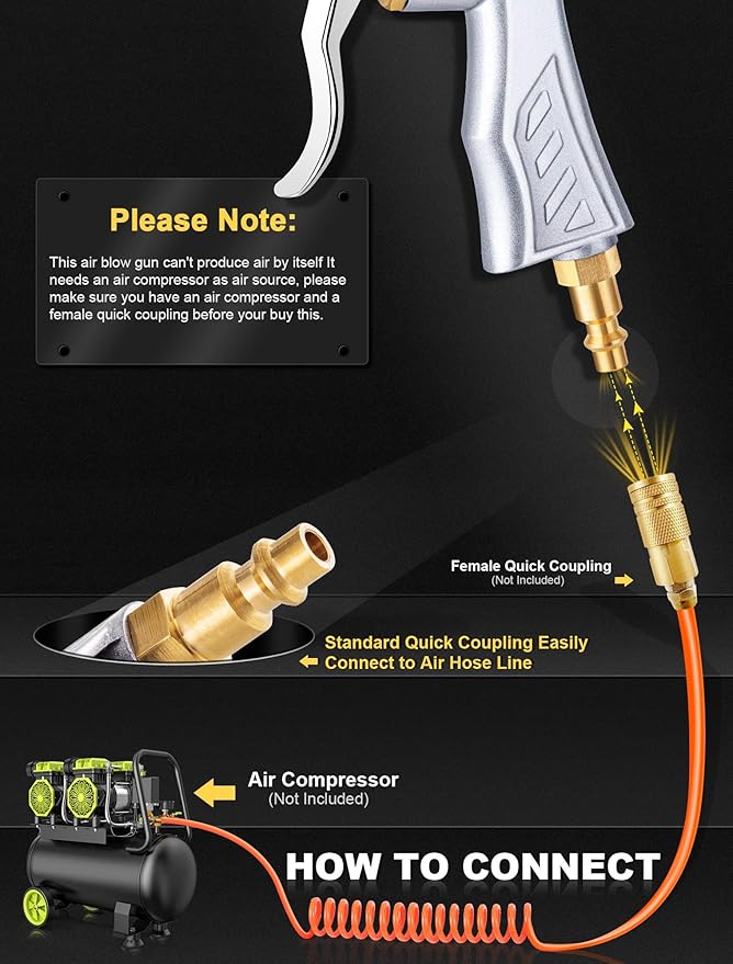 JASTIND Industrial Air Blow Gun with Brass Adjustable Nozzle, 8-14 Inch & 2 Steel Air Flow Extensions, High Volume Air Tool Dust Blower Gun for Air Compressor Attachments
