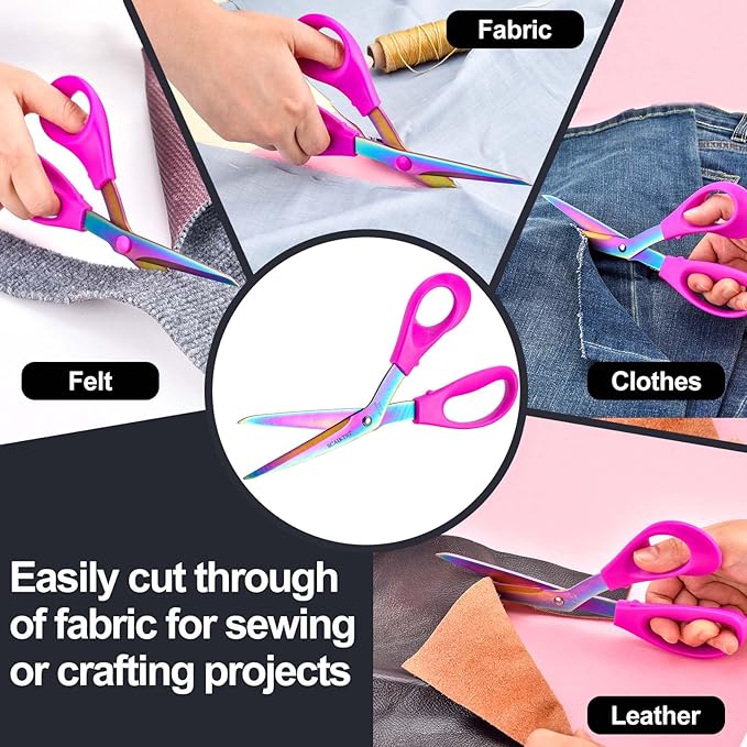 8.5??Bent Fabric Scissors All Purpose Sharp Heavy Duty, Bent Shears for Sewing Crafting Cutting Clothes, Felt, Leather, Paper Supplies, Pink Handle, Titanium Coating Blades, 2-Pack