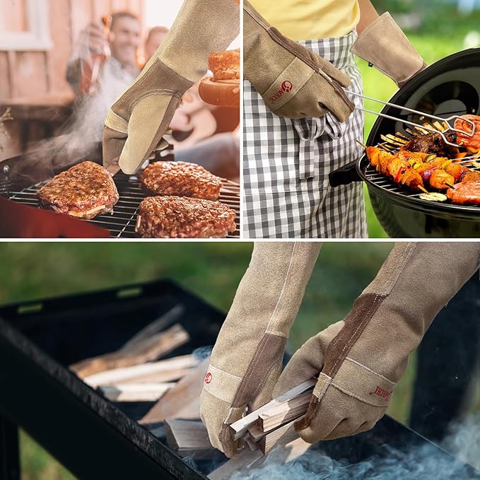 Leather Welding Gloves for Men, Welders Gloves Fireproof and Heat Resistant Mitts for Barbecue, Cooking, Firefighting, Fireplace, Oven, Baking, Stove, Pot Holder, Yark Work Thorn Proof