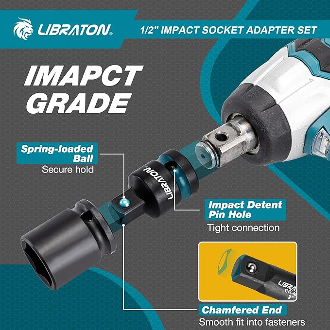 LIBRATON 1/2" Impact Socket Adapter Set 7PCS, Impact Socket Adapter Extensions 3" 6" 10", Socket Adapter Reducers, Swivel Socket, Impact to 1/4 Hex Converter, for Automotive Repair, XPE Foam