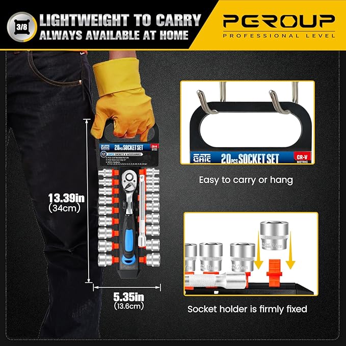 20PCS 3/8" Drive Metric Socket Wrench Set, 90-Tooth Reversible Ratchet Handle竊? Point Shallow Sockets (6-24mm) and Extension Bar 6", CR-V Steel, Tool Set For Car,Motorcycle,Bike Repair