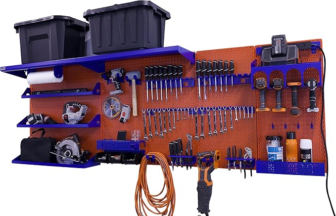 OmniWall Weekend Warrior Ultimate Tool Kit-96" x 32" Metal Pegboard Wall Storage System Orange/Blue