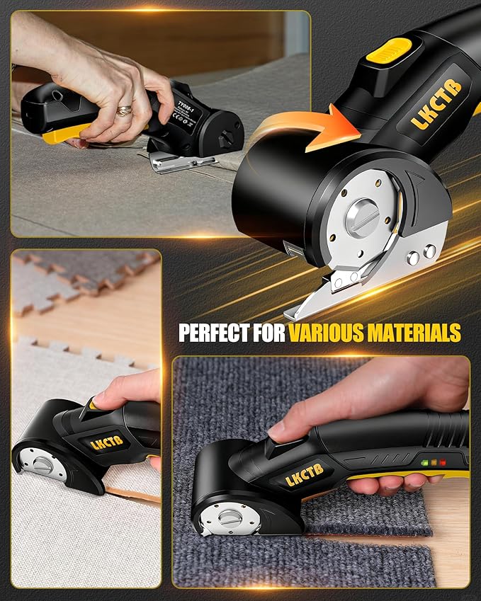 Electric Cardboard Cutter Scissors with LED Light, 3000mAh Rechargeable Battery, Brushless Motor, Tungsten Steel Blade, Cuts Cloth, Carpet, Cable Cutter Wire Rope Cutters Black and yellow