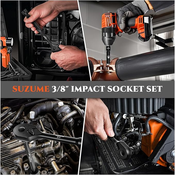 SUZUME 3/8 Impact Socket Set, Cr-V Steel, 6 Point, 3/8" Drive, 50-Piece Standard Metric (8-22mm) and SAE (5/16-Inch to 3/4-Inch) Sockets with Adapters & Ratchet Handle, Extension Bars, Universal Joint