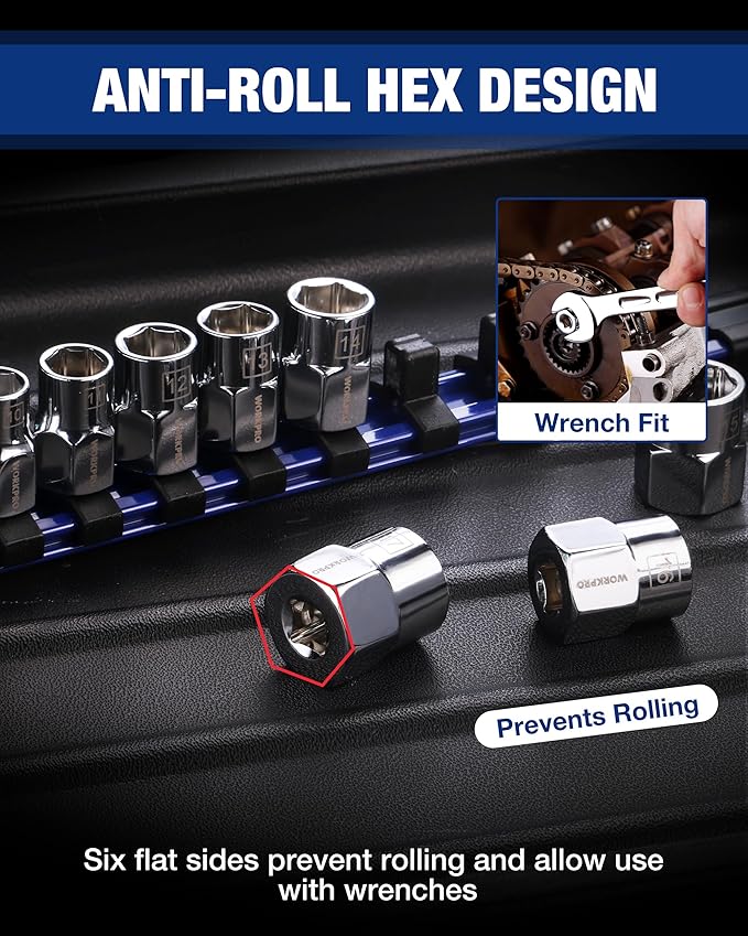 WORKPRO 3/8" Drive Socket Set, 10-Piece Metric CR-V Socket Set with Sturdy Socket Organizer, 6-Point Standard & Shallow Sockets 7mm to 17mm, External Hex Socket Set with Socket Rail for Anti Rolling