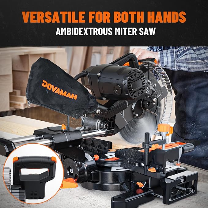 DOVAMAN Updated 10-Inch Dual Bevel Sliding Miter Saw, Multi-Material Cutting w/ 3 x TCT Blades, 2-Speed 5000/3200 RPM, LED Shadow Line, 0-45° Bevel & Miter Cut, Max Cut 3.5" x 13.4", 9 Positive Stops