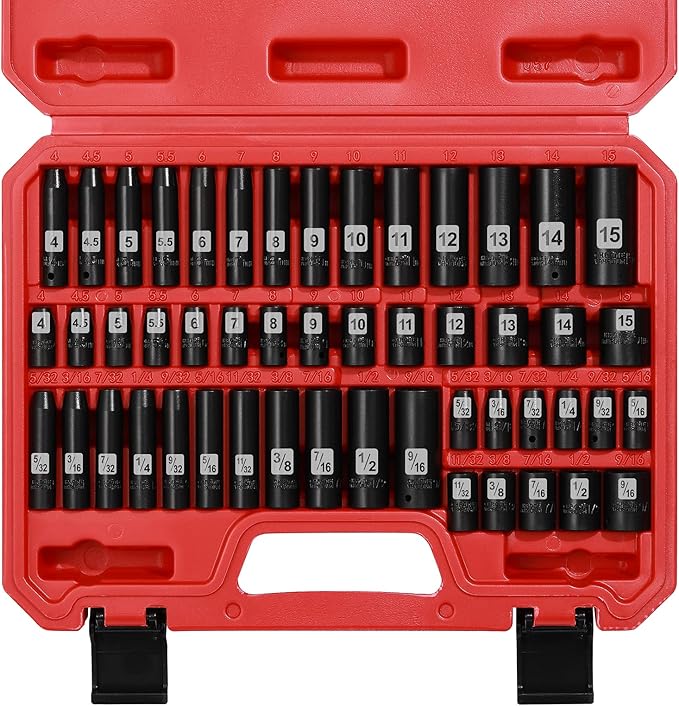 AIRTOON 1/4" Drive Impact Socket Set, 50-Piece, SAE (5/32 to 9/16 inch) and Metric (4-15mm) Size, Deep/Shallow, 6 Point, CR-V, Master Impact Socket for Household, Automotive Repair