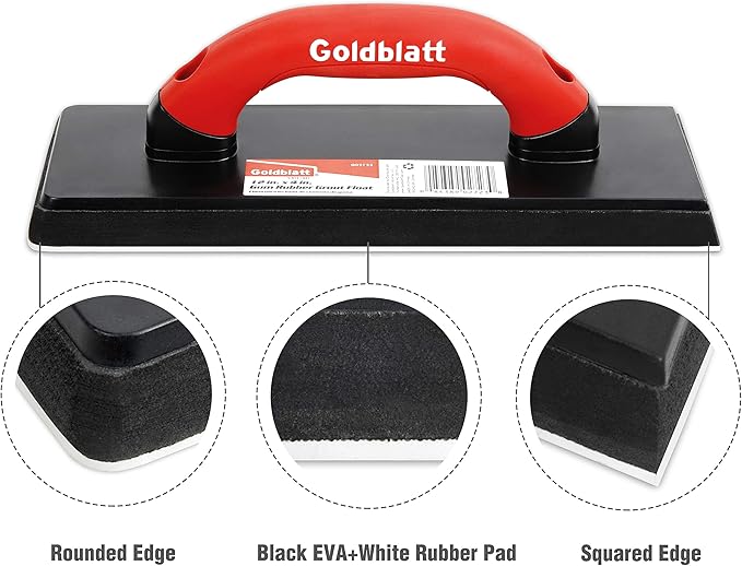 Goldblatt 4" x 12" Grout Float for Tile - Molded Rubber Grout Float, Floor Tools with Soft-Grip Handle for Masonry, Drywall, Concrete, Stucco