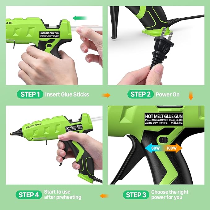 SEEKONE Full Size Hot Glue Gun, 60/100W Dual Power Large Glue Gun with 20 Pcs Premium Glue Sticks, High Temp Heavy Duty Industrial Glue Gun Kit for Quick Home Repairs, Arts, Crafts, DIY, Sealing