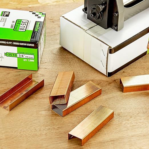 meite Carton Closing Staples 16 Gauge 1-3/8" Wide Crown Copper-Coated Box Staples for Pneumatic or Manual Staple Gun Cardboard Packaging, 3/4" Length, 16000PCS