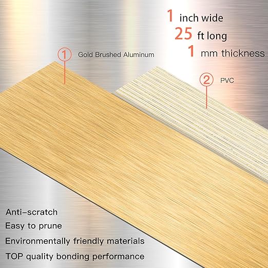 GSCIT Club Gold Edge Banding, 1 Inch x 25ft Aluminum Brushed Edge Banding PVC Edge Trim for Cabinet Repair Furniture