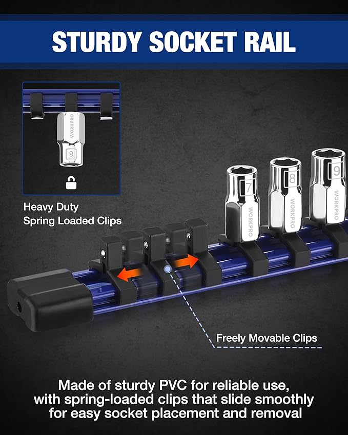 WORKPRO 1/4" Drive Socket Set, 10-Piece Metric CR-V Socket Set with Sturdy Socket Organizer, 6-Point Standard & Shallow Sockets 4mm to 13mm, External Hex Socket Set with Socket Rail for Anti Rolling