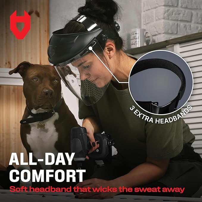 NoCry Premium Safety Face Shield for Grinding and Cutting ??Clear Anti-Fog, Impact Resistant Visor and Adjustable Headgear ??ANSI Z87.1 Certified for Industrial Use ??Washable Sweatbands Included