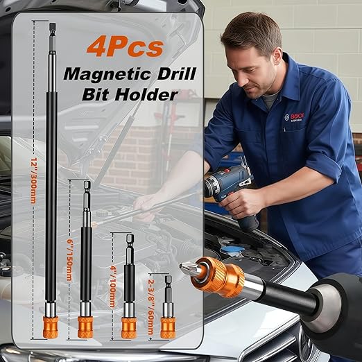 4Pcs Magnetic Drill Bit Extension Set 2-3/8", 4", 6", 12" with Aluminum Sleeve, 1/4 Inch Hex Shank Quick Release Extension Adapter Screwdriver Locking Bit Holder Extender (ORANGE)